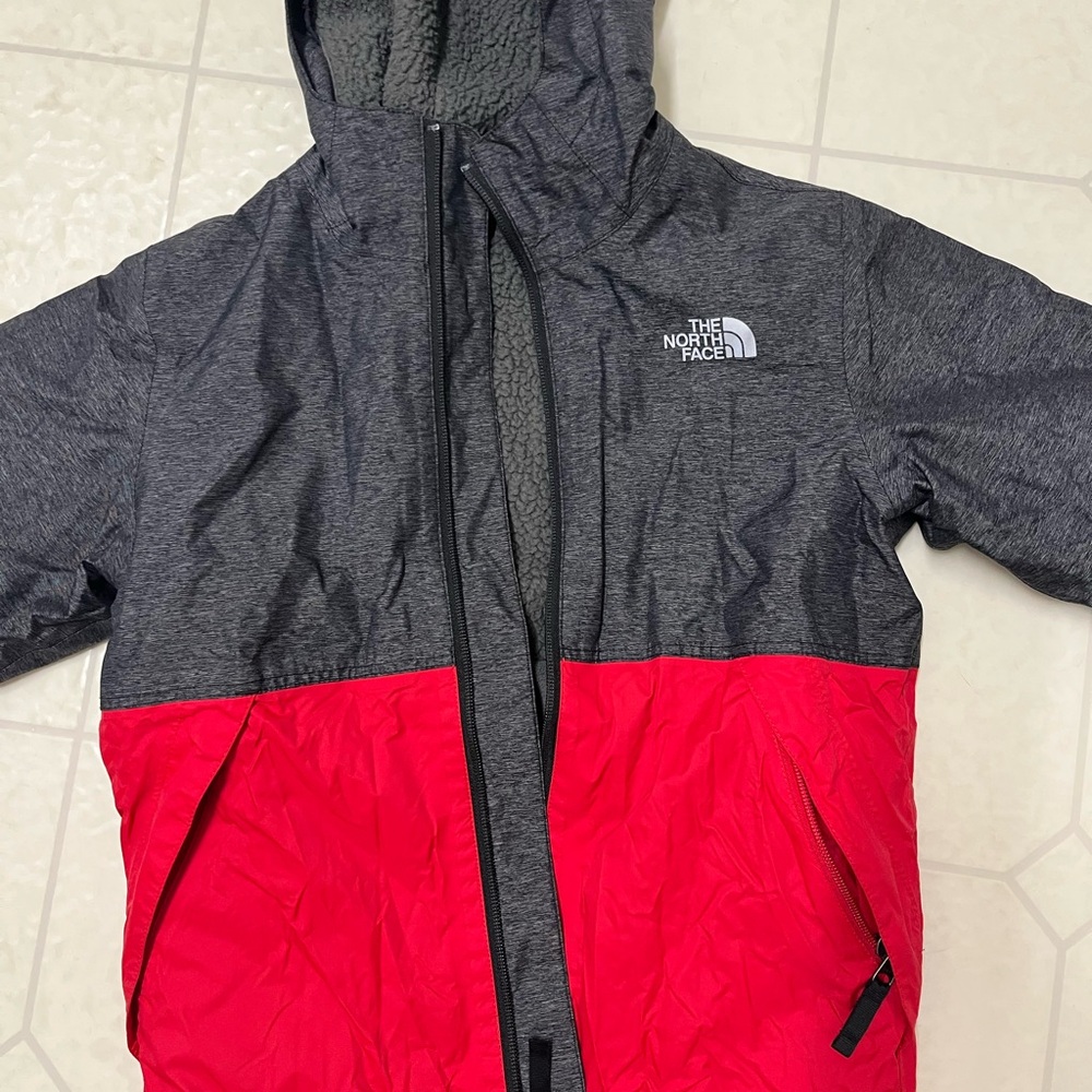 The North Face Red and Gray Puffer Jacket Weather-Resistant Hooded